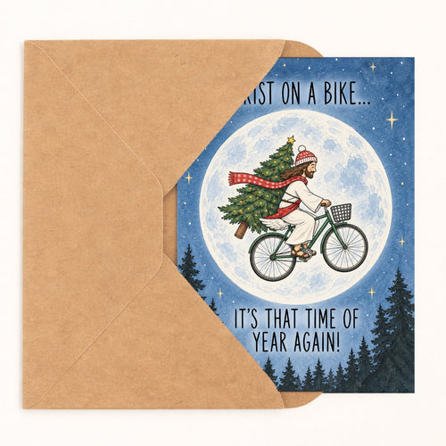 Christ On A Bike, It's That Time Of Year Again! Movie Themed Christmas Card, movie inspired design by DropInkStudio