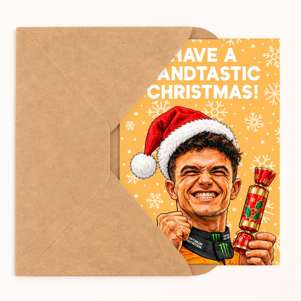 Have A Landtastic Christmas! Lando Norris Christmas Card by DropInkStudio
